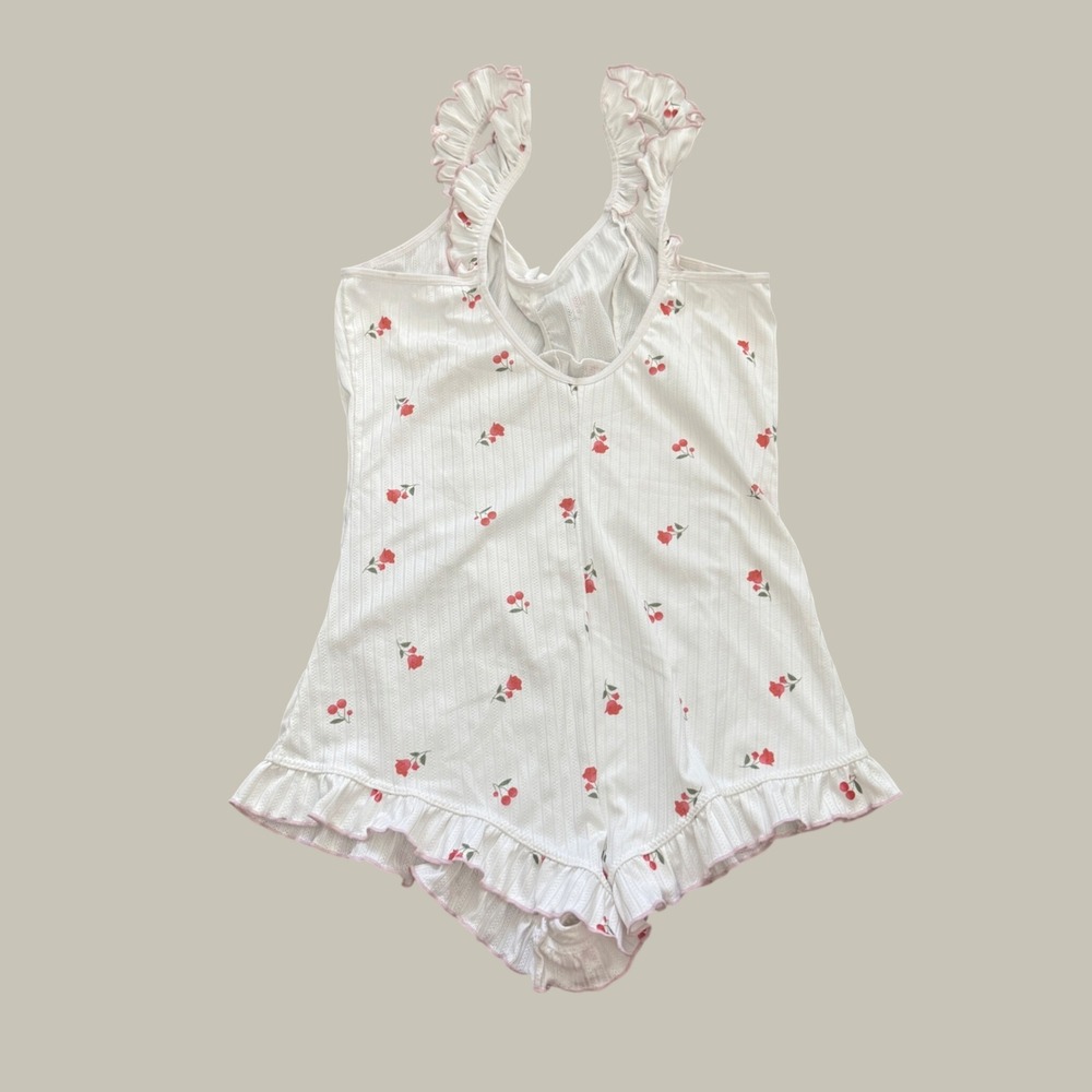 Women Cherry Lace Trim Cami Babydoll Romper Sleepwear Pajama Loungewear M - Picture 2 of 8